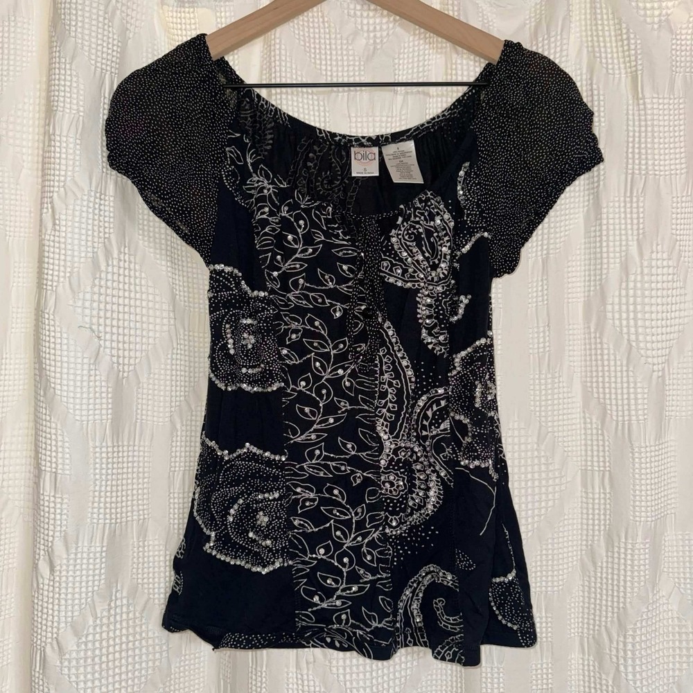 Bila Peasant Top Black Paisley Rhinestone Embellished Boho Y2K Whimsigoth Small